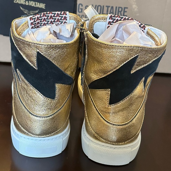 NIB ZADIG&VOLTAIRE Zv1747 High Flash Metal Sneakers 38 Gold Lightning Bolt 7 - Picture 5 of 10